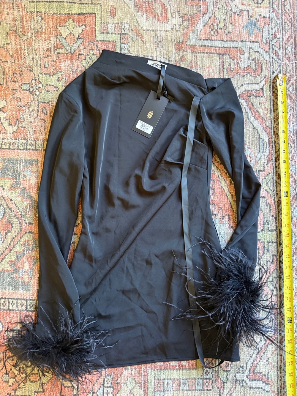 Black Feather-Cuff Mini Dress with Ribbon Tie
